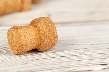 Bunch of wine corks on wooden table