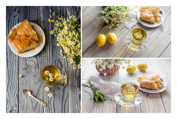 Collage chamomile tea on a wooden table
