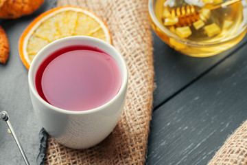 Chinese tea teapot lemon ginger honey on light tablecloth. Tea ceremony