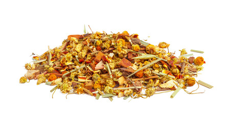 closeup of natural herbal tea made of various loose dried herbs isolated on white