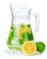 Jug of homemade lemonade isolated on white background