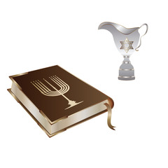 Torah - the book is decorated with a minor - silver, gold. Jug with star of david - isolated on white background - vector. Hanukkah. Religion. Tradition.