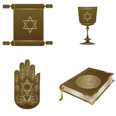 Symbols of the Jewish religion - Scroll, Cup, Book, Palm - decorated with the star of David - isolated on white background - vector. Hanukkah. Religion. Tradition.