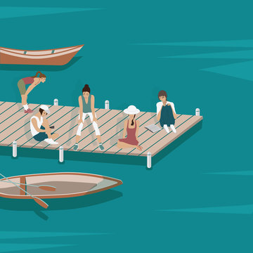 A group of people resting on a wooden bridge - water, boats - flat style - vector. Summer time. Camping.