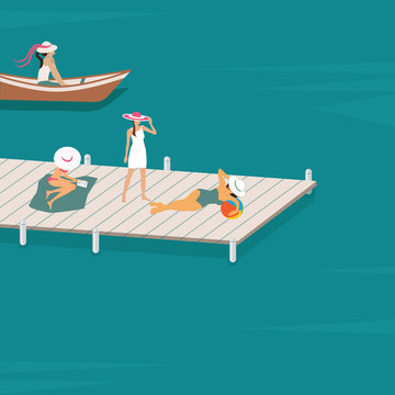 Women sunbathe on the wooden bridge. Girl sitting in the boat - flat style - vector. Summer time. Camping.