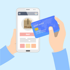 Flat design, man hand holding smartphone with online application,  shopping online via phone with credit card