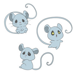 Cute mouse character.  Set with three mice with various emotions. Little cartoonish rat in vector.