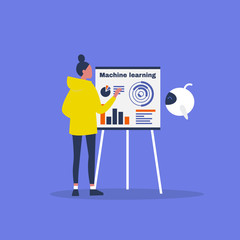 Machine learning concept. Cute cartoon robot hovering near by a flip chart. Young female character / editable flat vector illustration, clip art