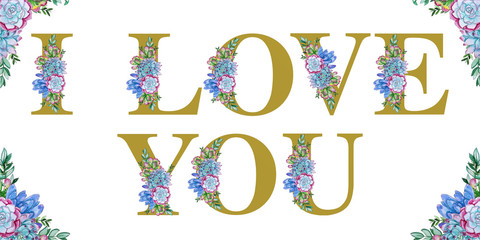 Floral watercolor I LOVE YOU word art