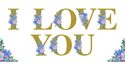 Naklejka premium Floral watercolor I LOVE YOU word art