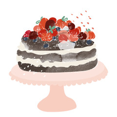 dark chocolate and forest fruit gateau cake. birthday or wedding cake watercolour hand drawn illustration. 