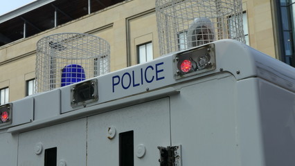 The upper part of a heavily armored Police transporter in Northern Ireland