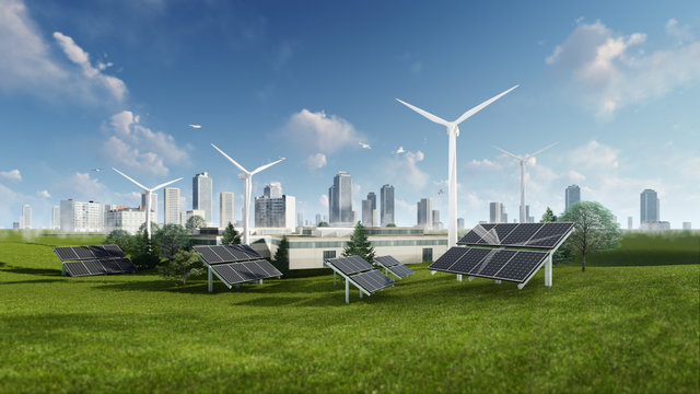 3d Rendering Illustration Of Solar Cell And Windmill