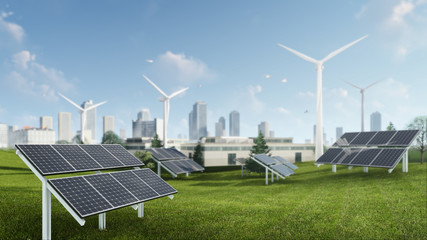 3d Rendering Illustration Of Wind Turbine And Solar Cell Sustainable Energy