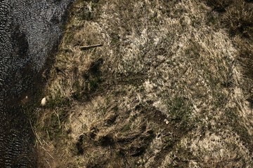 Aerial top view, countryside spring panorama of small quiet river on sunny day