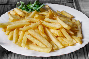 French fries with greens in a white plate on a gray background