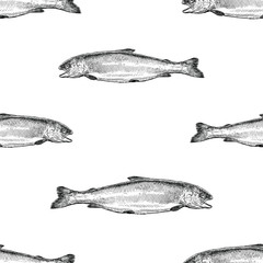 Seamless pattern of sketches of sea salmon