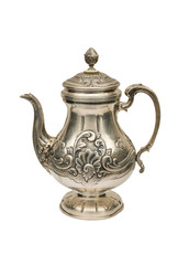 An antique kettle of silver on a white background.