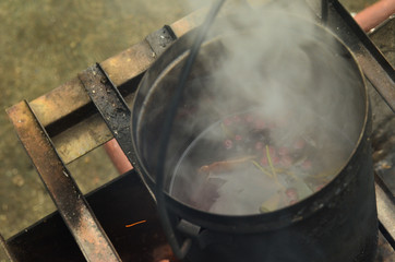 With selective focus. Outdoor kitchen. On the fire is preparing tea. Smoke, sunshine, forest in the background.