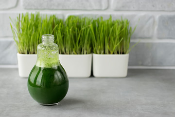 Wheatgrass shot. Juice from wheat grass and green grass of wheat. Trend of health food.
