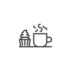 Cup of coffee and muffin cake line icon. linear style sign for mobile concept and web design. Hot tea cup and cupcake outline vector icon. Breakfast symbol, logo illustration. Vector graphics