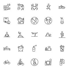 Healthy lifestyle line icons set. linear style symbols collection, outline signs pack. vector graphics. Set includes icons as Dancers couple, Running man, Sport shoe, Weight loss, Meditation yoga pose