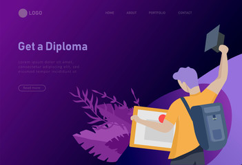 Set of web page design templates with smiling graduates people in graduation gowns holding diplomas and happy Jumping. Modern vector illustration concepts for website and mobile website development