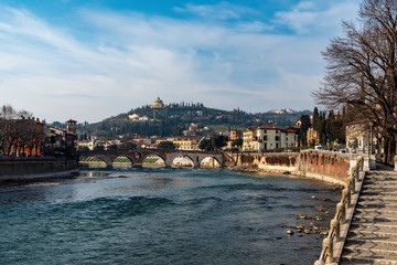 Stone bridge (Ponte Pietra) in Verona, Italy above Adige river, built in 89 BC by Romans