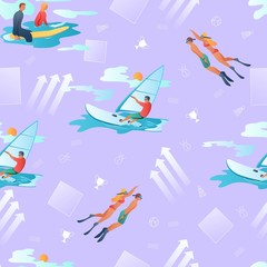 Cartoon flat characters modern water sport activity,sales banner flyer poster,web online concept design elements scenes,healthy lifestyle summer design,seamless pattern-surf,diving,windsurfing