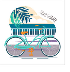 Summer poster with a bicycle on the sea. Bicycle outdoors on coastline by the sea beach over blue sky. Hello summer