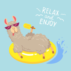Illustrations of a funny llama in the rubber ring and with ice cream. Lama in glasses with calligraphy relax and enjoy © dis_lively