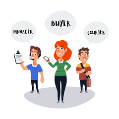Buyer, Manager, Courier. E-Commerce Vector Flat Concept