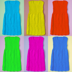 Collage of six knitted dresses. Multicolored dresses for girls. Handmade