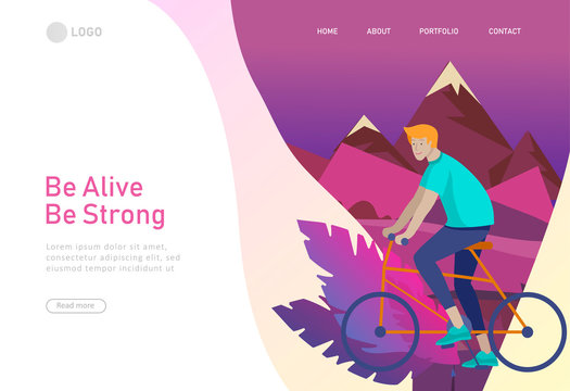 Landing page template with man riding bicycles in Mountain landscape. People cycling outdoor activities concept at park, healty life style. Cartoon illustration