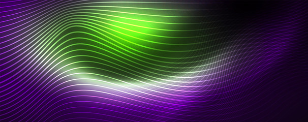 Neon vector wave lines abstract background, magic futuristic techno design