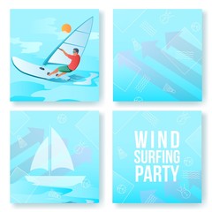 Cartoon flat character doing modern sport activity,windsurfing party flyer banner poster,web online concept,healthy lifestyle summer design cards set.Flat cartoon man windsurfing,sea surfing on wave