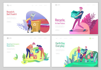 Landing page template with people Recycle Sort Garbage in different container for Separation to Reduce Environment Pollution. Family with kids collect garbage. Earth Day vector cartoon illustration