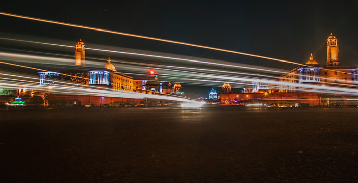 The Rashtrapati Bhavan during night time with light trails.