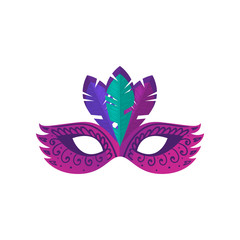Violet carnival mask with modern ornament and colorful feather