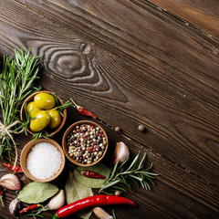Flat lay Food background frame made of condiments and spices on kitchen table. Cooking concept with copy-space