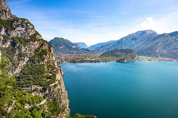 Riva del Garda as seen from Pregasina, a little village on the mountain. Riva del Garda, Garda Lake, Trentino Alto Adige, Italy.
