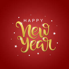 Happy New Year script lettering on white background. Handwritten design element for card, poster, banner. Modern calligraphy. Isolated New .Year typography print. Hand drawn vector clipart..