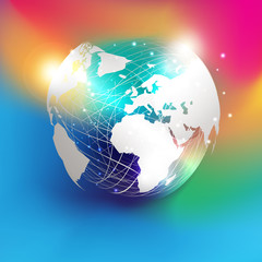 White paper cut style world map on abstract mesh sphere and glitter  put on colorful gradient background. EPS10, vector and illustration. America, Europe, and Africa continents