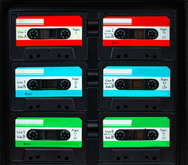 Vintage compact cassette tape, Close up set of old audio tapes