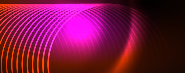 Bright neon circles and wave lines, glowing shiny background design template, digital techno concept.