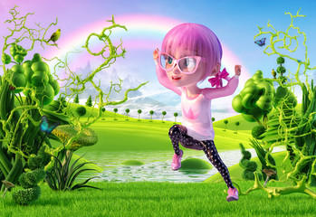 Happy kid girl jumping with outstretched arms in the magic fairy landscape with rainbow. Funny little kid cartoon character of a kawaii pretty girl with glasses and pink anime hairs. 3D render