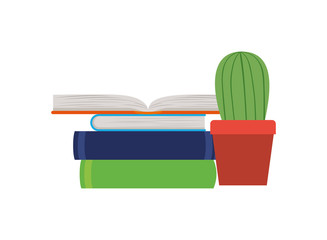 stack of books with houseplant on white background