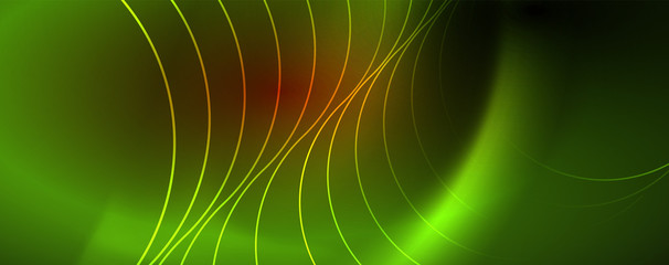 Bright neon circles and wave lines, glowing shiny background design template, digital techno concept.