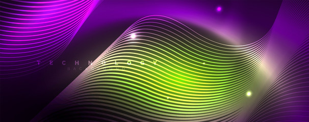 Shiny neon lights, dark abstract background with blurred magic neon light curved lines