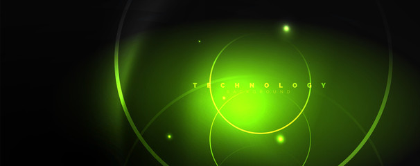 Dark abstract background with bright color neon lights and lines. Glowing background